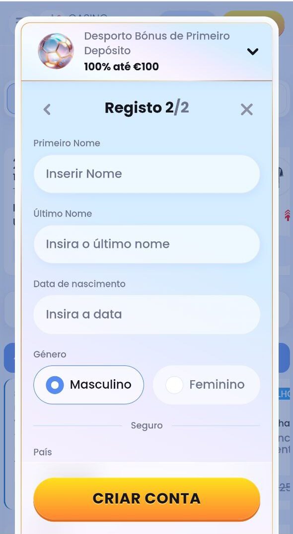 Criar conta Registo no CasinoLab 