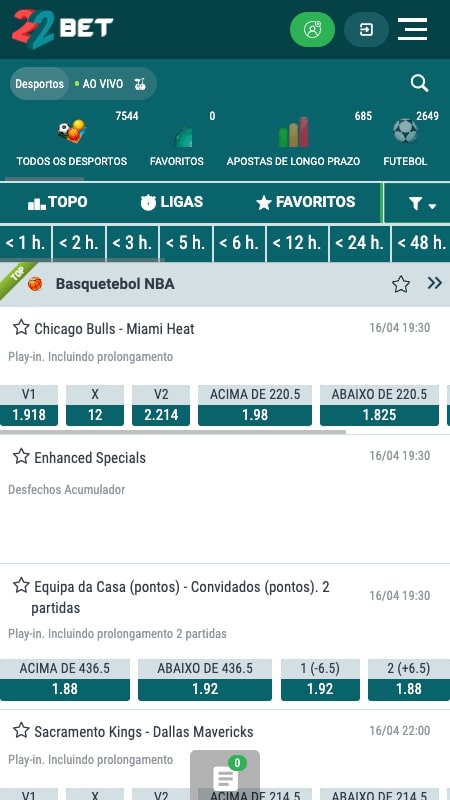 Interface de apostas desportivas da 22Bet