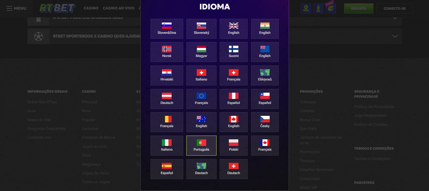 RTBet Bookmaker available languages (Português)
