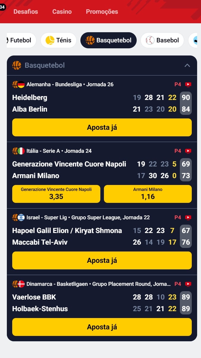 Interface de apostas ao vivo da Betclic