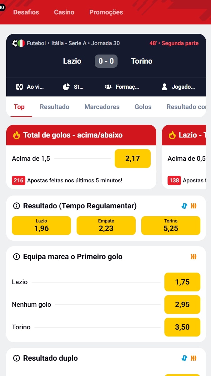 Interface de apostas desportivas da Betclic