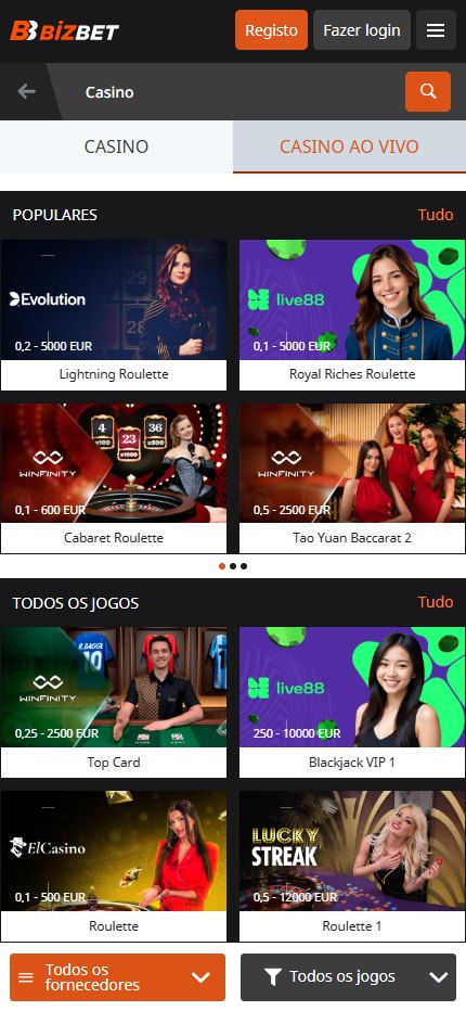 BizBet Casino Ao Vivo Portugal (Mobile Screen)