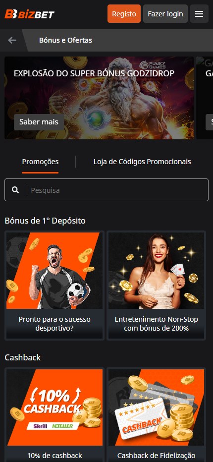 BizBet Casino Bonuses Portugal (Mobile Screen)