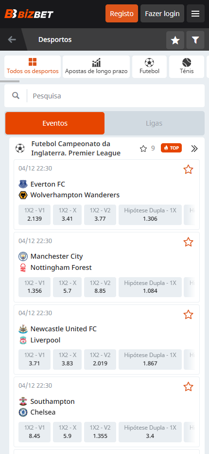 BizBet Desportos Portugal (Mobile Screen)