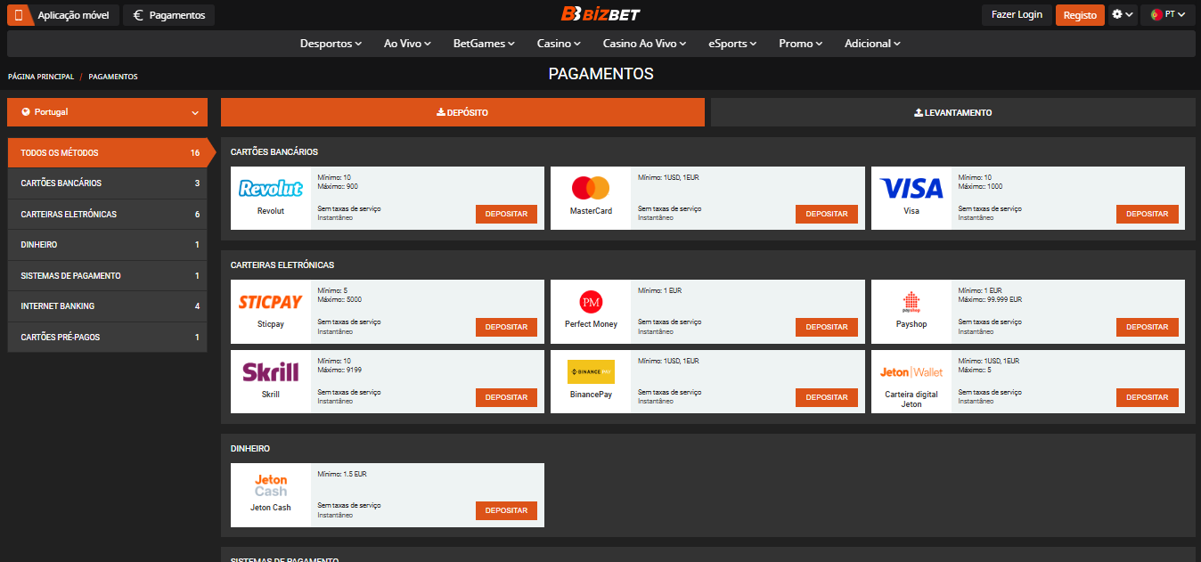 BizBet Payment Options Portugal