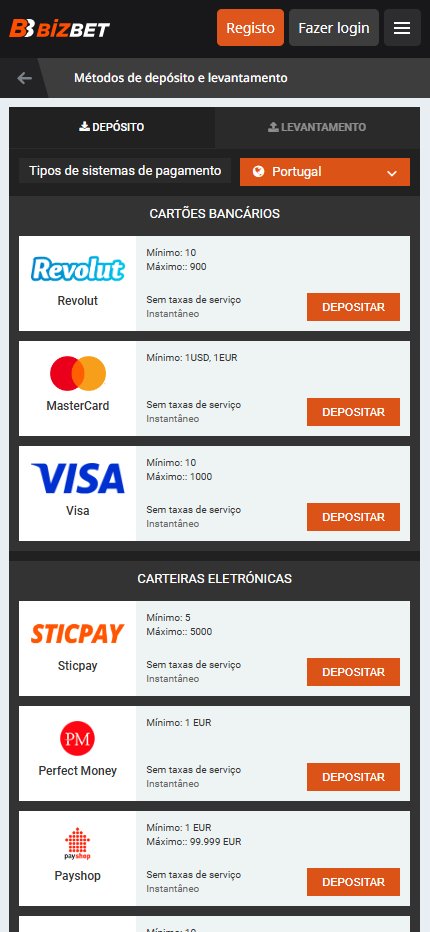 BizBet Payment Options Portugal (Mobile screen)