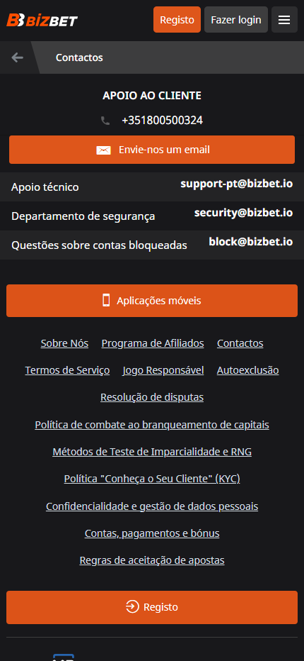 BizBet Support Portugal (Mobile screen)