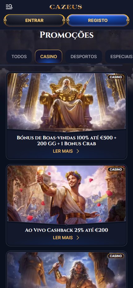 CaZeus Casino Bonuses Portugal (Mobile Screen)