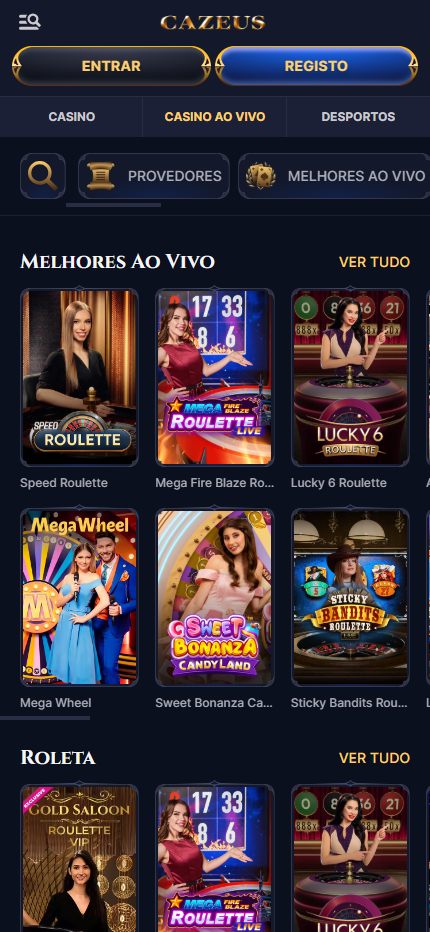CaZeus Live Casino Games Portugal (Mobile screen)
