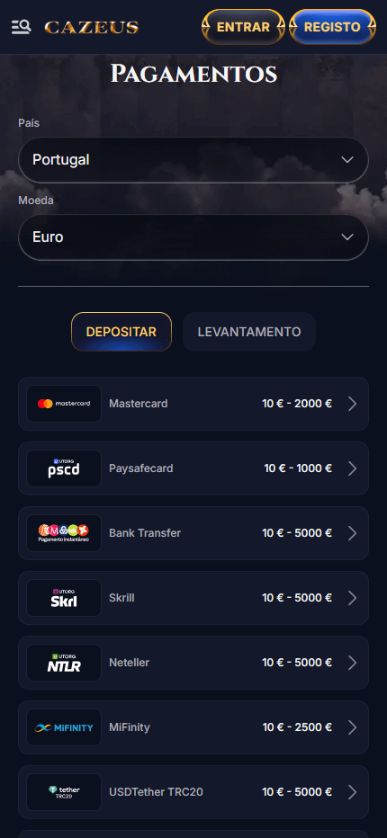 CaZeus payments Portugal (Mobile screen)