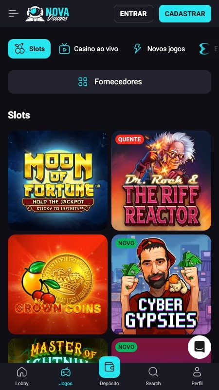 Interface do casino da NovaDreams