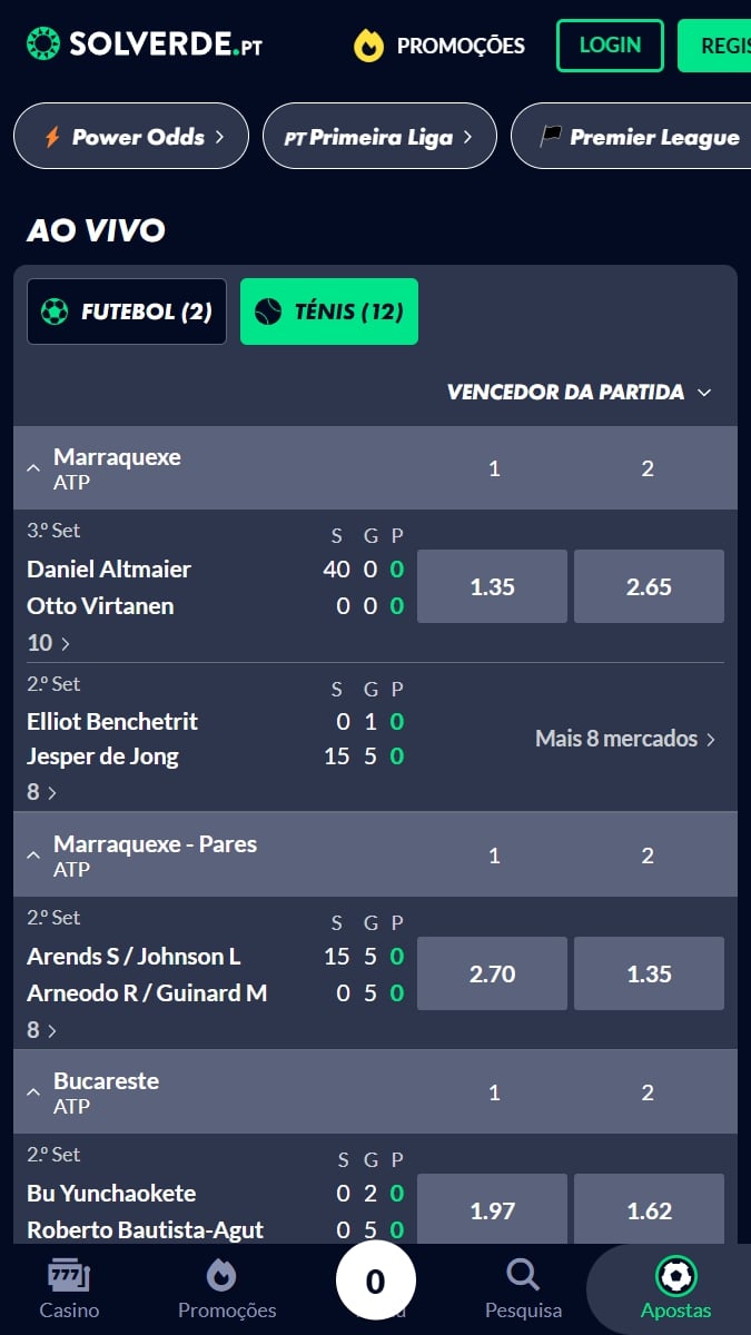 Interface de apostas ao vivo da Solverde