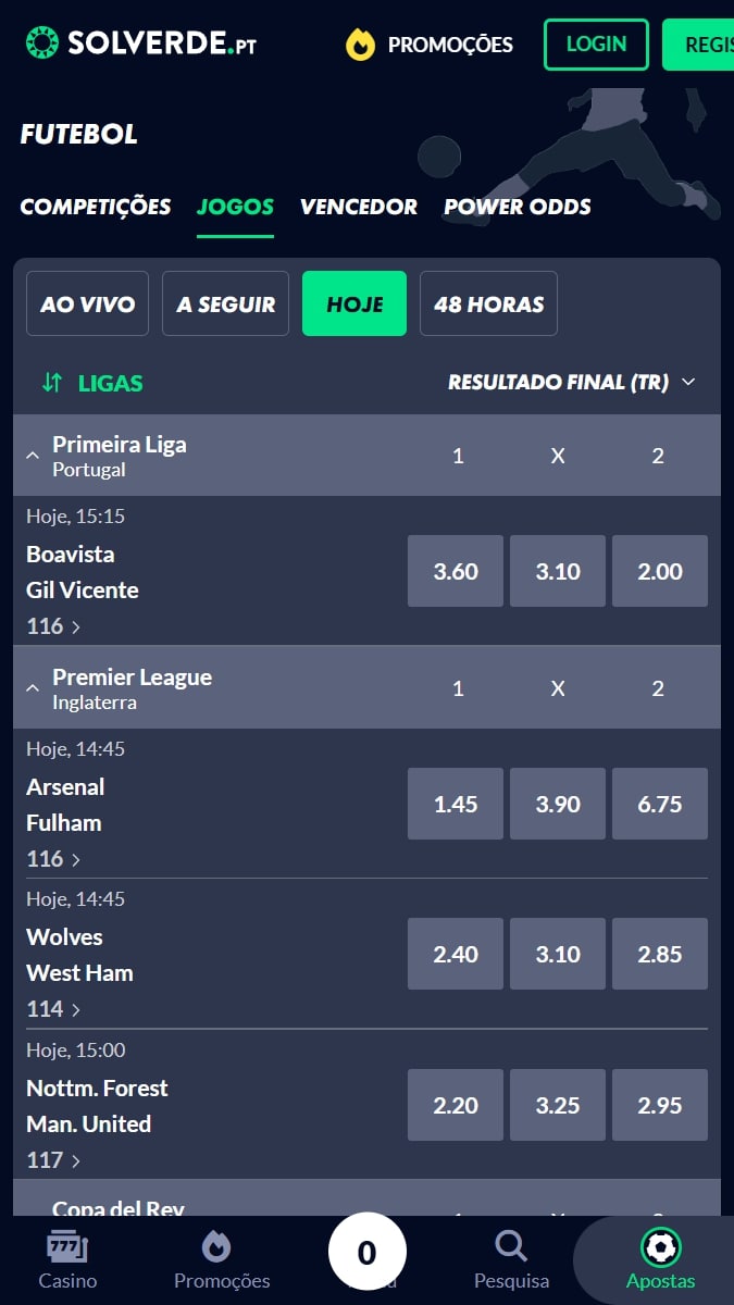 Interface de apostas desportivas da Solverde