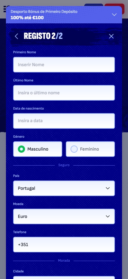 Bankonbet Bookmaker Fill in Registration form Portugal (mobile screen), apostasdesportivas