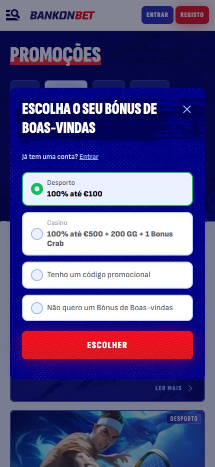 Bankonbet Bookmaker Registration Bonus Portugal (mobile screen), apostasdesportivas