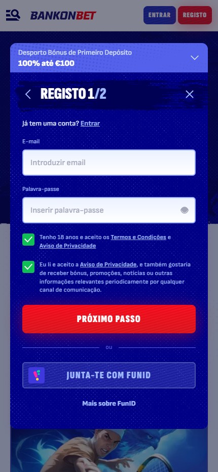 Bankonbet Bookmaker Start Registration Portugal (mobile screen), apostasdesportivas