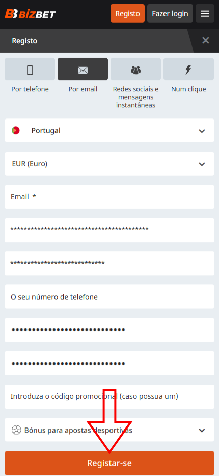 BizBet complete the process registration Portugal (Mobile Screen)