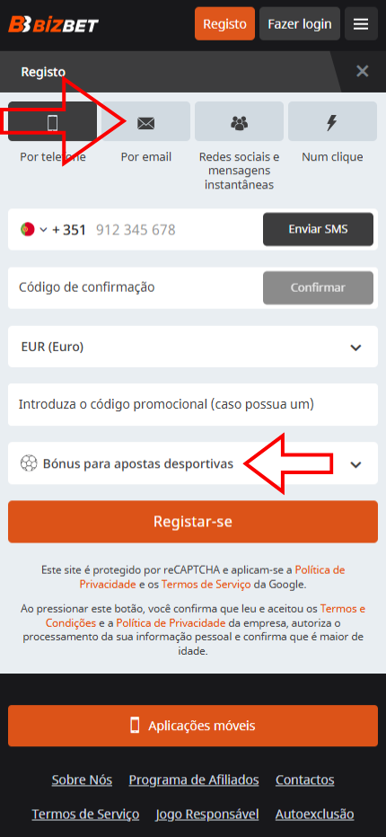 BizBet Registration form Portogal (choose sport bonus) Mobile screen
