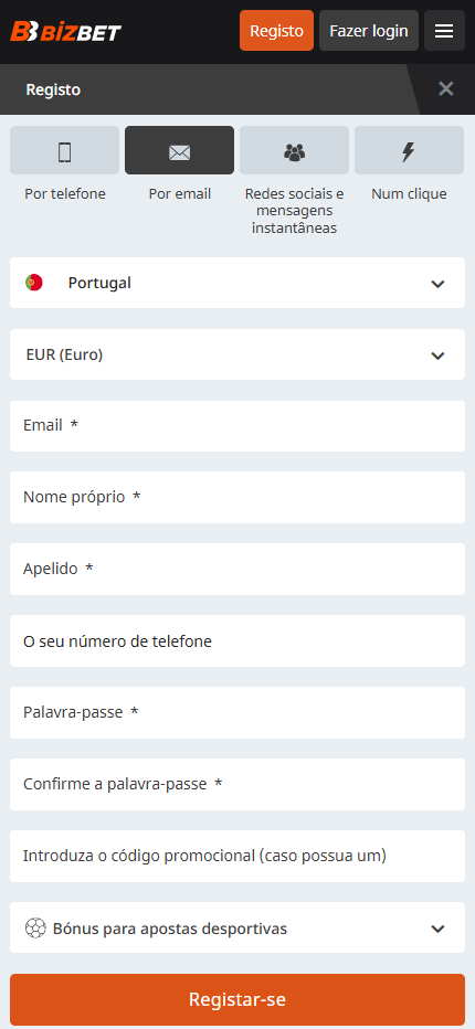 BizBet Registration via Email Portugal (Mobile screen)