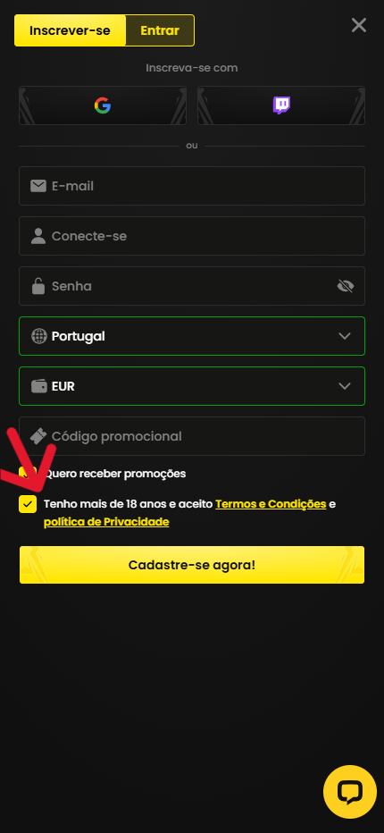 Blitz-bet Accept Terms and Conditions and finish registration (Mobile screen) Portugal