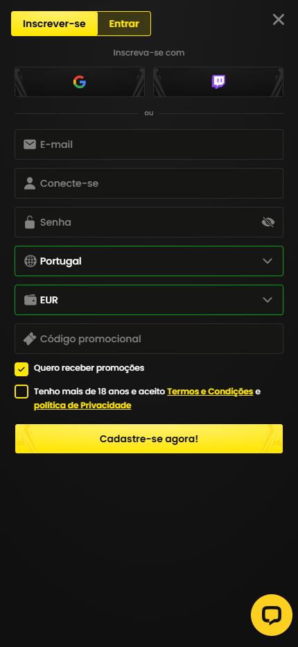 Blitz-bet Registration (Mobile screen) Portugal