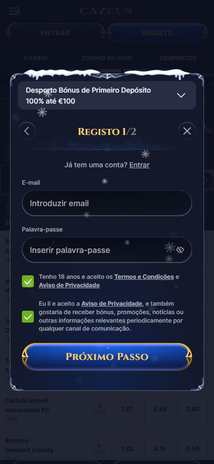 CaZeus Bookmaker Registration step 1 Portugal (Mobile screen)