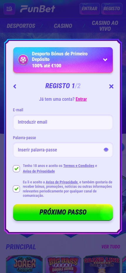Funbet Bookmaker Start Registration (mobile screen)