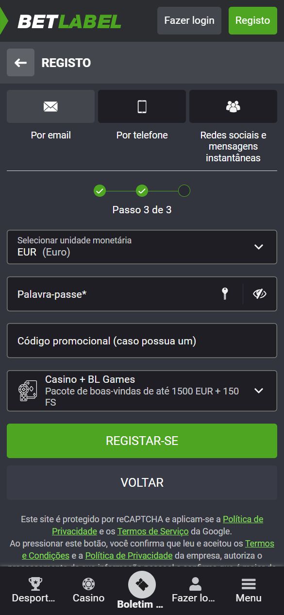 Como registar-se na BetLabel