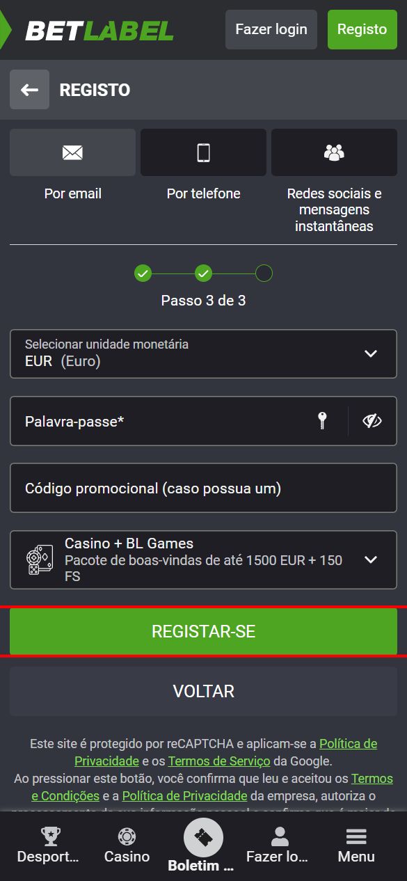 Como registar-se na BetLabel