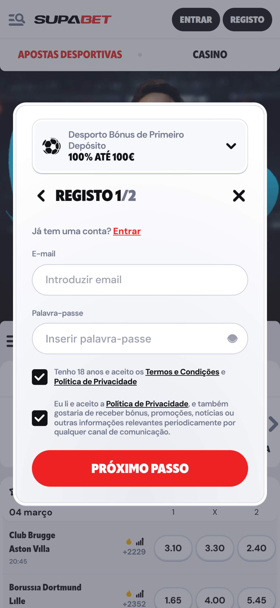 Supabet Bookmaker-Start Registration (mobile screen)