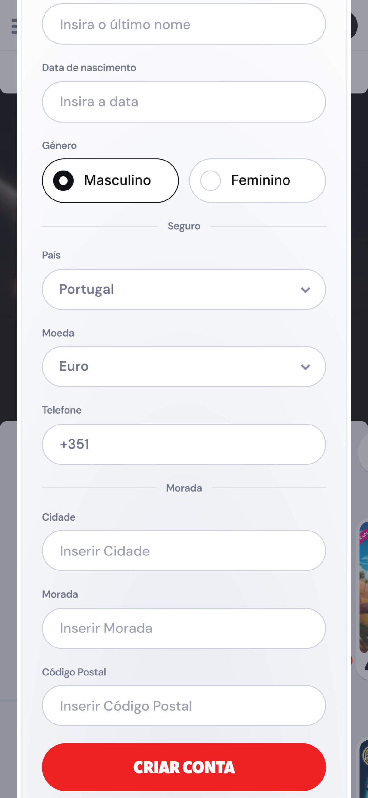 Supabet Registration form Portugal (mobile screen)