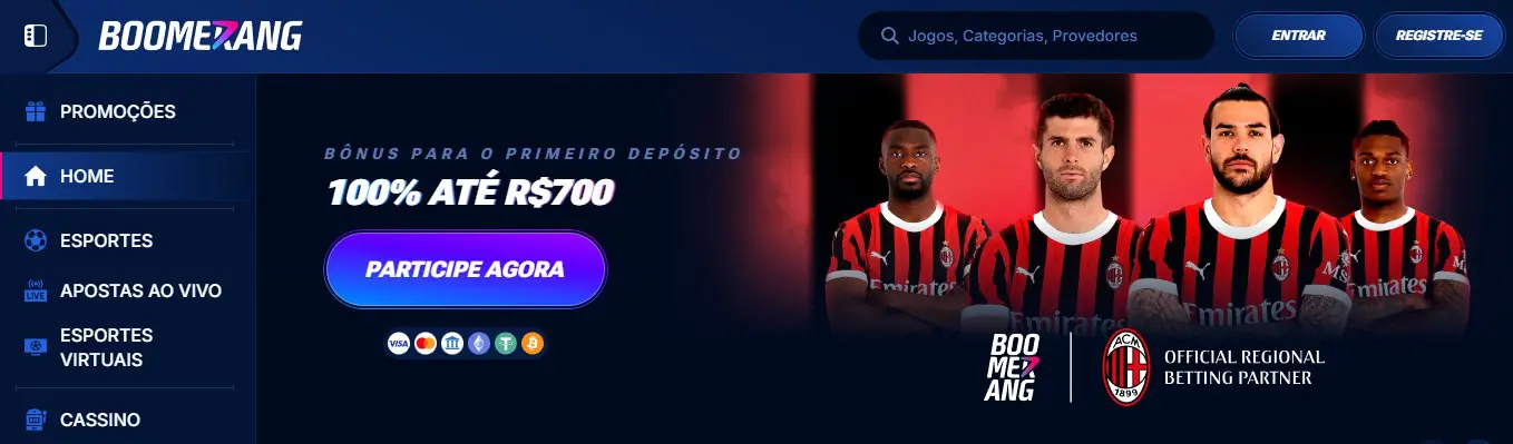 Screenshot der Boomerang Casino Homepage mit Spielauswahl und Bonuswerbung