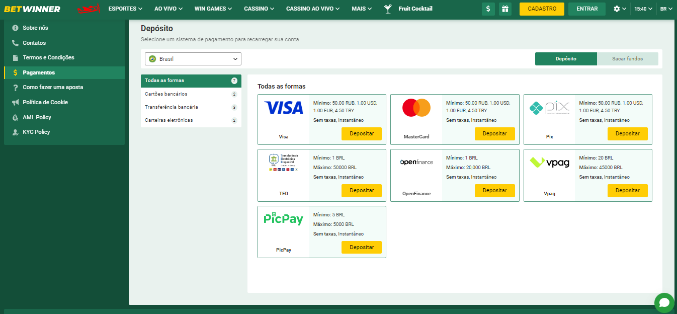 BetWinner Payment methods Brazil, apostasdesportivas.tv