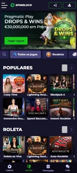 Interface de jogo de casino ao vivo Spinoloco com crupiê real e chat