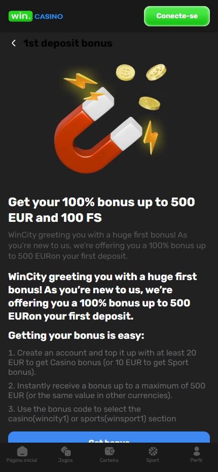 Win.Casino Welcome Bonus Portugal (Mobile screen), allbets.tv