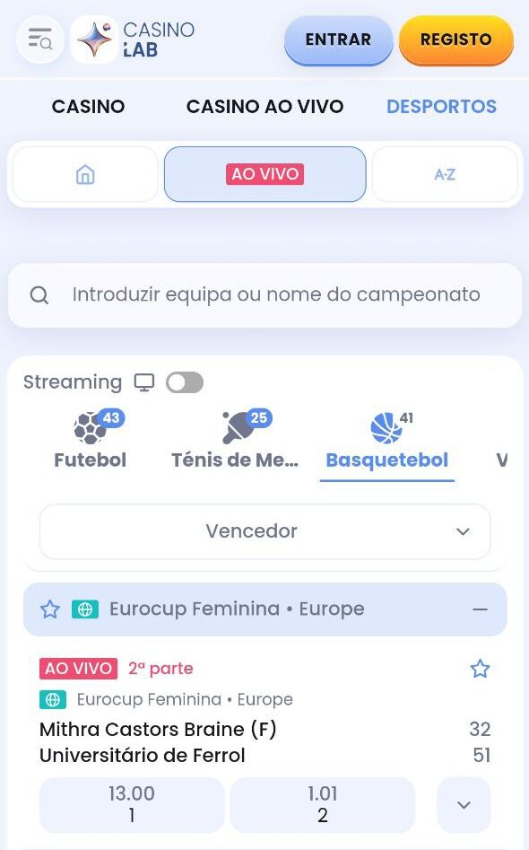 Apostas ao vivo CasinoLab