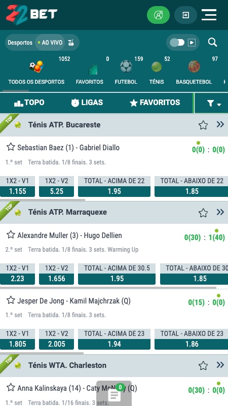 22bet live betting section