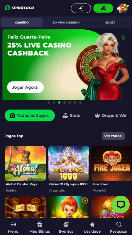 Προβολή της αρχικής σελίδας του καζίνο Spinoloco με τα παιχνίδια και τις προσφορές