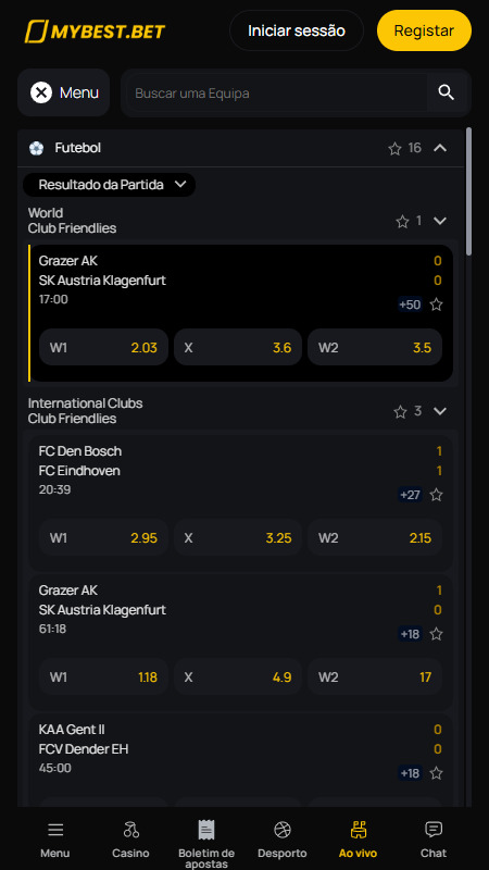 Interface de apostas ao vivo da Mybest