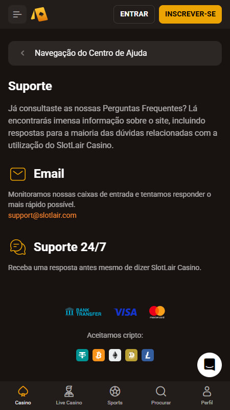 SlotLair Casino Portugal Suporte técnico
